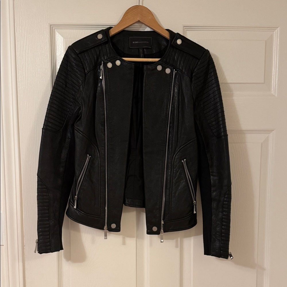 BCBGMaxAzria Black Leather Jacket with Silver Accents